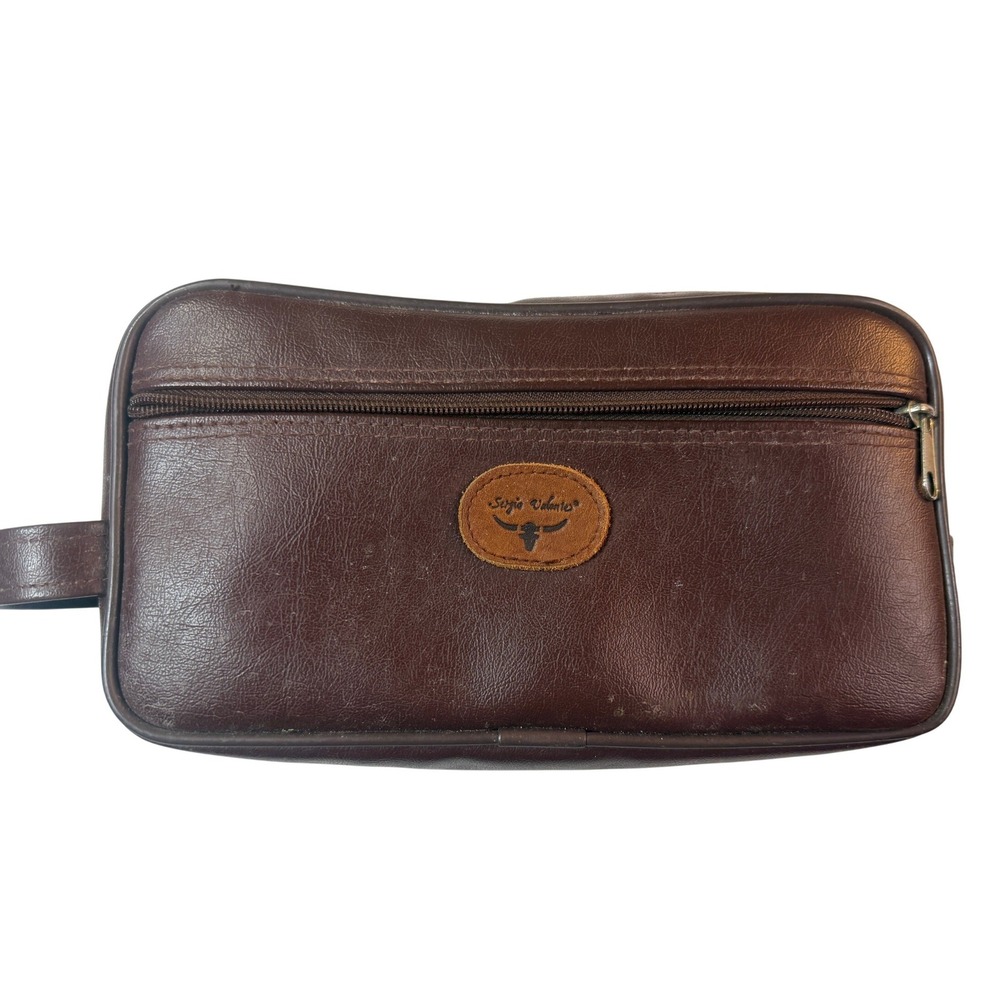 Vintage Sergio Valente Dopp Kit Travel Toiletry Bag Brown Leather Vinyl 80s